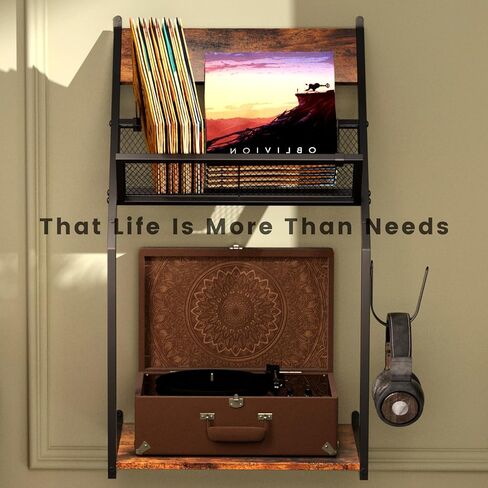HOYRR Record Player Stand,Turntable Stand,Record Player Table,Wall Mounted Record Player Stand,Vinyl Record Wall Mount,Vintage Ironwood Turntable Stand,Record Player Stand with Storage in Kuwait