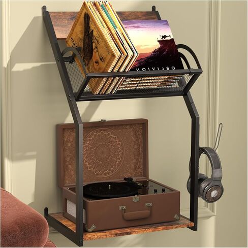 HOYRR Record Player Stand,Turntable Stand,Record Player Table,Wall Mounted Record Player Stand,Vinyl Record Wall Mount,Vintage Ironwood Turntable Stand,Record Player Stand with Storage in Kuwait
