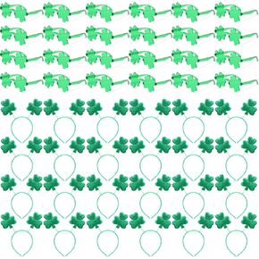 Crowye 48 Pcs St. Patrick's Day Accessories Bulk Including 24 Pcs Green Shamrock Clover Headband Boppers and 24 Shamrock Glasses for Irish Party Favor Decoration(Heart Shaped) in Kuwait