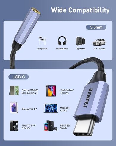 Benfei USB C إلى محول مقبس الصوت مع مجموعة شرائح DAC ، USB-C إلى 3.5 ملم سماعة رأس أنثى متوافقة مع iPhone 15 Pro Max/15 Pro/15 ، Samsung Galaxy S24/S23/S22/S21 Ultra ، IPAD Pro ، Pixel 8 Pink Pink in Kuwait