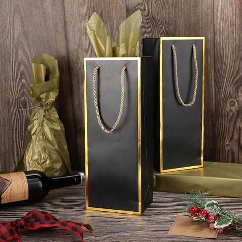 TaoBary Black Wine Gift Bags and Gold Wrapping Paper Set Wine Bags for Bottle Bulk 4 x 5 x 13 Inch Champagne Gift Paper Bags with Handles for Appreciation Wedding Party Anniversary(50 Packs) in Saudi Arabia