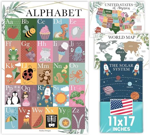 Hadley Designs 4 Alphabet, Map of United States, World Map, & Solar System Posters - Laminated ABC Charts for Toddlers Wall Decor, Boho Posters for Kindergarten, Prek Classroom or Homeschool 11x17 in Saudi Arabia