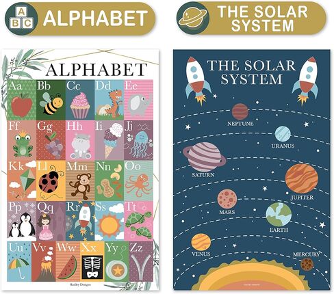 Hadley Designs 4 Alphabet, Map of United States, World Map, & Solar System Posters - Laminated ABC Charts for Toddlers Wall Decor, Boho Posters for Kindergarten, Prek Classroom or Homeschool 11x17 in Saudi Arabia
