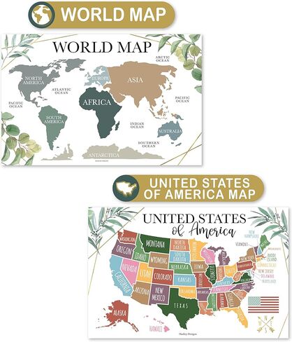Hadley Designs 4 Alphabet, Map of United States, World Map, & Solar System Posters - Laminated ABC Charts for Toddlers Wall Decor, Boho Posters for Kindergarten, Prek Classroom or Homeschool 11x17 in Saudi Arabia