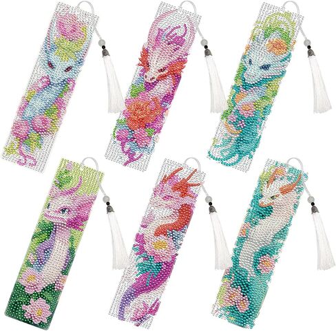 Dragon Diamond Art Painting Bookmarks - 6 Pcs DIY Diamond Painting Bookmarks Kits with Tassel Gem Art Craft Supplies with Flower Pattern Birthday Holiday Gift for Adults Beginners Book Lover in Saudi Arabia