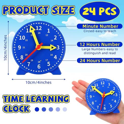 Batiyeer 24 Pcs Teaching Clock Kit for Kids to Tell Time Teaching Mini Geared Clock for Kids Basic Math Development Teacher and Classroom Supplies, 4 Inch(Yellow) in Saudi Arabia