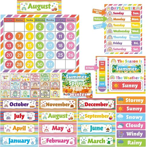 Rainbow Classroom Calendar Bulletin Board Set Colorful Calendar Bulletin Board Set for Rainbow Classroom Decoration with Hook and Loop Dot Stickers in Saudi Arabia