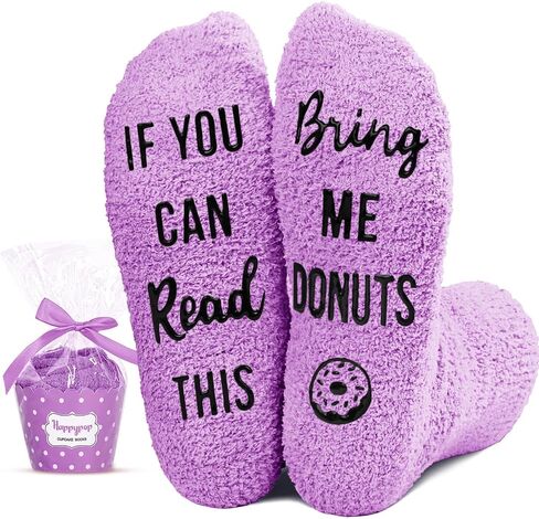 HAPPYPOP Donut Socks Women, Donut Gifts Donut Lover Gifts, Purple Fuzzy Cupcake Socks If You Can Read This, Christmas Stocking Stuffers in Kuwait