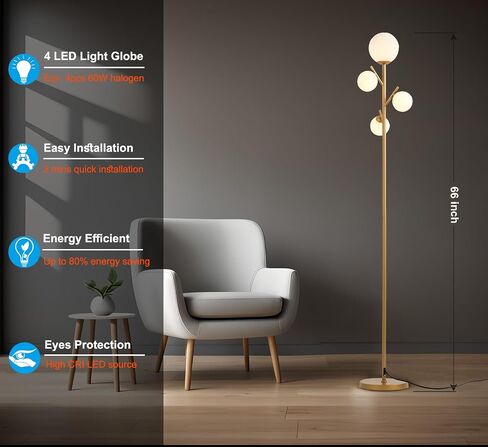 Fiqevs 4 Globe Pink Floor Lamp, Modern Standing Lamp with Frosted Glass Ball Lampshade & 3000K LED Bulbs, Mid Century Contemporary Tall Lamp for Living Room, Bedroom in Saudi Arabia