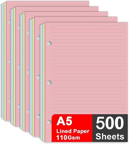 (3 Pack) A5 Filler Paper, 3 Hole Notebook Refills Paper for 3 Ring Refillable Binder, 110 Gsm 5-Color Loose Leaf Planner Refill Paper, Blank, Color Paper, 300 Sheets/600 Pages, 5.7x8.3 Inch in Saudi Arabia