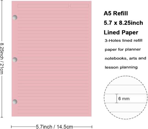 (3 Pack) A5 Filler Paper, 3 Hole Notebook Refills Paper for 3 Ring Refillable Binder, 110 Gsm 5-Color Loose Leaf Planner Refill Paper, Blank, Color Paper, 300 Sheets/600 Pages, 5.7x8.3 Inch in Saudi Arabia
