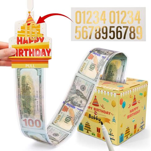 Blue Gift Box with 40Pcs Transparent Bags Pull Out Surprise Money Box for Happy Birthday Day Card and DIY Stickers for Any Age A Fun Way to Give Cash to Family and Friends in Saudi Arabia