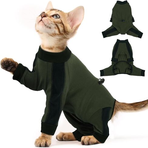 Cat Pajamas for Cats Only, Sticky Hair Cat Clothes, Long Sleeve Sphynx Clothes, Anti-Licking or Skin Disease Recovery Suit for Female Cats, Kitten Onesie Pajamas, ArmyGreen, S in Saudi Arabia