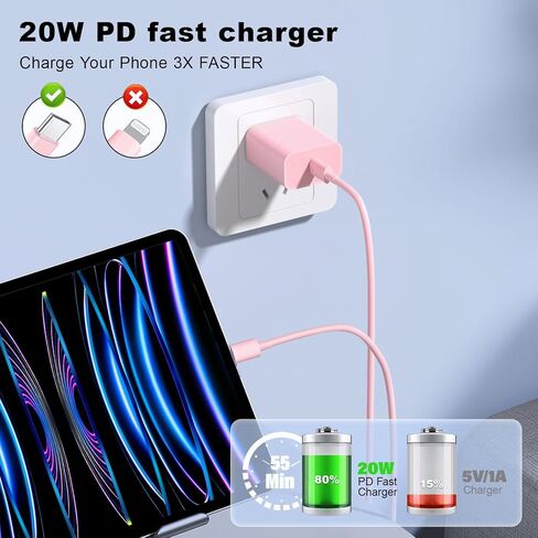 متوافق مع شحن iPhone 15 Charger Fast Charging ، 20W USB C Charger Block مع كبل شحن USB C 10 أقدام و 60 واط متوافق مع iPhone 16/15/Pro Max/Pro/Plus ، Pad ، Pad Pro ، Samsumg ، Android in Kuwait