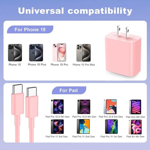 متوافق مع شحن iPhone 15 Charger Fast Charging ، 20W USB C Charger Block مع كبل شحن USB C 10 أقدام و 60 واط متوافق مع iPhone 16/15/Pro Max/Pro/Plus ، Pad ، Pad Pro ، Samsumg ، Android in Kuwait