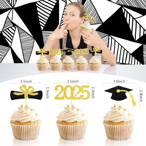 MEMOVAN 2025 Graduation Cupcake Toppers Glitter Class of 2025 Cupcake Topper 2025 Congrats Grad Cap Diploma Cupcake Picks Grad Cap Food Appetizer Picks For 2025 Graduation Theme Party Supplies-24pcs in Saudi Arabia