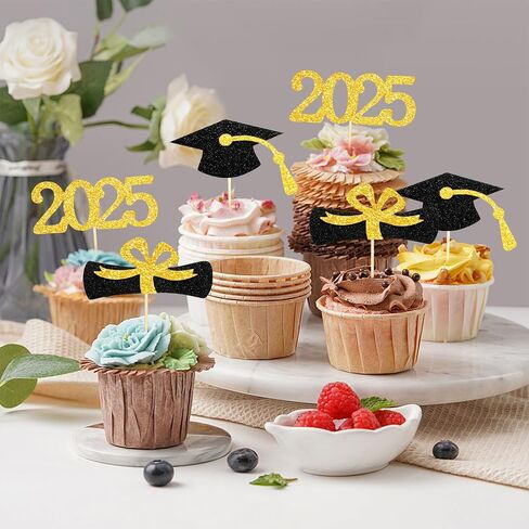 MEMOVAN 2025 Graduation Cupcake Toppers Glitter Class of 2025 Cupcake Topper 2025 Congrats Grad Cap Diploma Cupcake Picks Grad Cap Food Appetizer Picks For 2025 Graduation Theme Party Supplies-24pcs in Saudi Arabia
