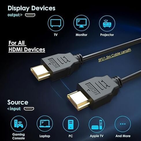 Kado 5ft HDMI Cable 2-pack ، HDMI HDMI عالية السرعة مع Ethernet 1920x1080 FHD 144Hz 100Hz 60Hz HDCP ، أجزاء حقيقية من الذكور إلى 1.5 متر مصنوعة لمراقبة SCEPTER ، التلفزيون ، وحدة ألعاب ، PC ، جهاز الكمبيوتر المحمول ، المحمول ، in Kuwait