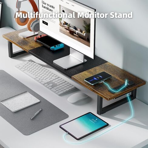 Simple Trending Dual Monitor Stand Riser with 2 USB Charging Ports, Computer Desk Organizer for 2 Monitors, Extra Long TV Stand for Laptop Office, iMac, Black in Saudi Arabia