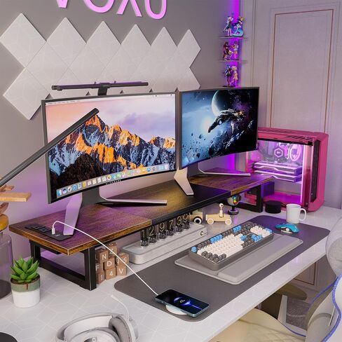 Simple Trending Dual Monitor Stand Riser with 2 USB Charging Ports, Computer Desk Organizer for 2 Monitors, Extra Long TV Stand for Laptop Office, iMac, Black in Saudi Arabia