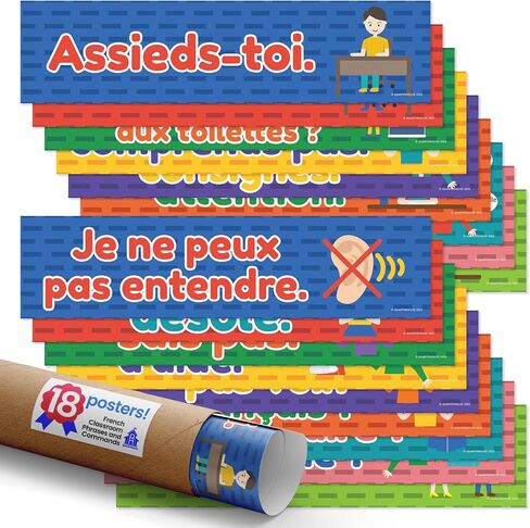 Quarterhouse 20 Pack of Double-Sided English-French Posters, French Classroom Learning Materials for Pre-K and K-12 Students and Teachers, 12 x 18 Inches in Saudi Arabia