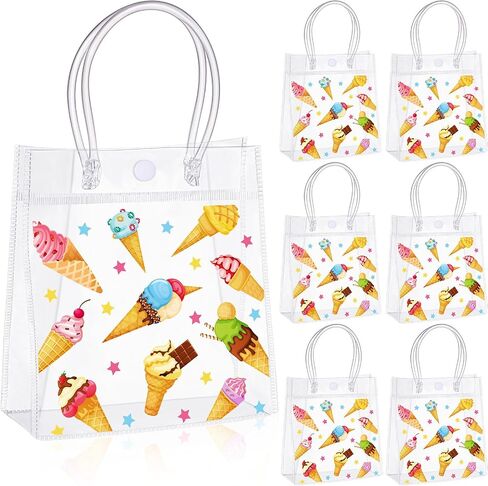 Kolldenn 24 Pcs Ice Cream Gift Bags PVC with Handles Summer Clear Plastic Reusable Totes Gift Bags Bulk for Ice Cream Birthday Wedding Party Supplies in Saudi Arabia