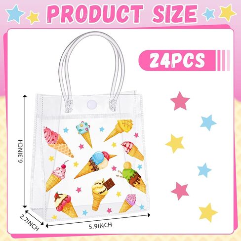 Kolldenn 24 Pcs Ice Cream Gift Bags PVC with Handles Summer Clear Plastic Reusable Totes Gift Bags Bulk for Ice Cream Birthday Wedding Party Supplies in Saudi Arabia