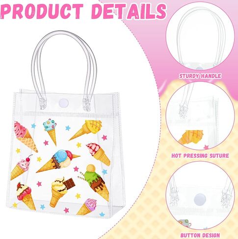 Kolldenn 24 Pcs Ice Cream Gift Bags PVC with Handles Summer Clear Plastic Reusable Totes Gift Bags Bulk for Ice Cream Birthday Wedding Party Supplies in Saudi Arabia