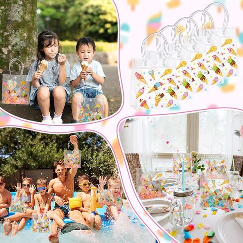 Kolldenn 24 Pcs Ice Cream Gift Bags PVC with Handles Summer Clear Plastic Reusable Totes Gift Bags Bulk for Ice Cream Birthday Wedding Party Supplies in Saudi Arabia