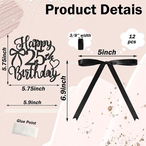 Bow Cake Topper with 16th Happy Birthday Cake Sign,12 Pcs Vintage Black Ribbon Cake Decorations for Coquette Themed Party,Bridal Wedding,Anniversary Party in Saudi Arabia