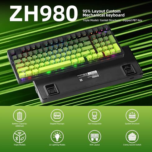 ZORNHER ZH980 Wireless Mechanical Gaming Keyboard,95% Green Custom Creamy Keyboard with Number Pad,Lighted Up PBT Dipped Keycaps,Pre-Lubed Linear Switches,Hot-Swappable,RGB Backlit,2.4GHz/USB-C/BT5.0 in Kuwait