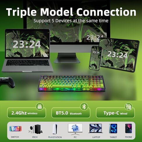ZORNHER ZH980 Wireless Mechanical Gaming Keyboard,95% Green Custom Creamy Keyboard with Number Pad,Lighted Up PBT Dipped Keycaps,Pre-Lubed Linear Switches,Hot-Swappable,RGB Backlit,2.4GHz/USB-C/BT5.0 in Kuwait