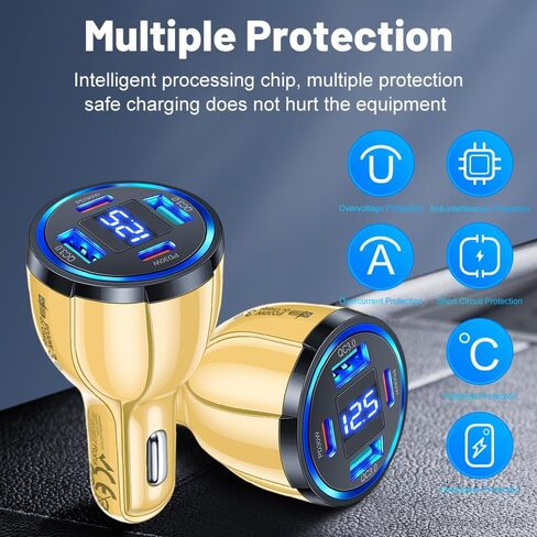 USB C Car Phone Charger Adapter with Voltmeter Compatible with iPhone 16 15 14 13 12 11, Android, Samsung, 100W 4 in 1 Multi-Port Fast Charging Cigarette Lighter USB Charger (Black) in Kuwait