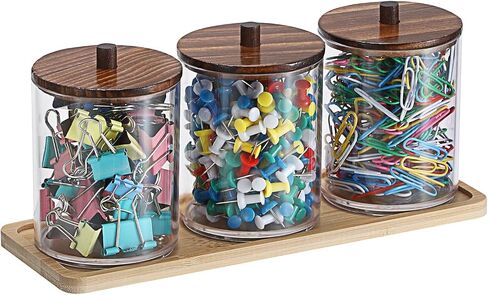 BTSKY 3 Pack PaperClip Holders with Bamboo Lids & Tray, Round Binder Holder for Desk, Clear Paper Clip Dispenser Small Office Supply Accessory Organizer Qtip Holder for Office Bathroom Vanity, Wood in Saudi Arabia