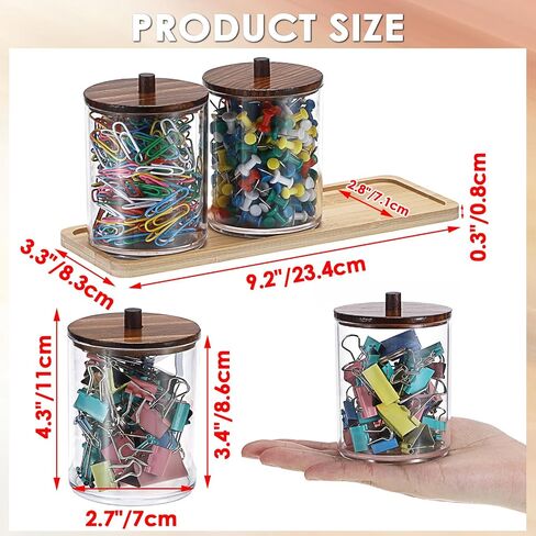 BTSKY 3 Pack PaperClip Holders with Bamboo Lids & Tray, Round Binder Holder for Desk, Clear Paper Clip Dispenser Small Office Supply Accessory Organizer Qtip Holder for Office Bathroom Vanity, Wood in Saudi Arabia