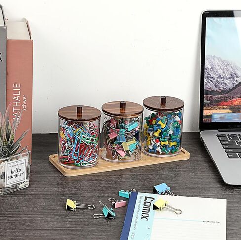 BTSKY 3 Pack PaperClip Holders with Bamboo Lids & Tray, Round Binder Holder for Desk, Clear Paper Clip Dispenser Small Office Supply Accessory Organizer Qtip Holder for Office Bathroom Vanity, Wood in Saudi Arabia