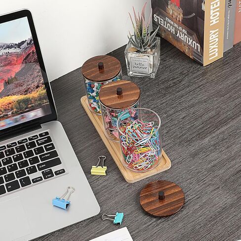 BTSKY 3 Pack PaperClip Holders with Bamboo Lids & Tray, Round Binder Holder for Desk, Clear Paper Clip Dispenser Small Office Supply Accessory Organizer Qtip Holder for Office Bathroom Vanity, Wood in Saudi Arabia