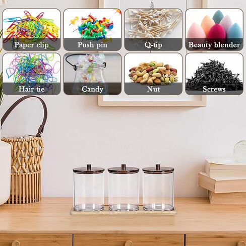 BTSKY 3 Pack PaperClip Holders with Bamboo Lids & Tray, Round Binder Holder for Desk, Clear Paper Clip Dispenser Small Office Supply Accessory Organizer Qtip Holder for Office Bathroom Vanity, Wood in Saudi Arabia