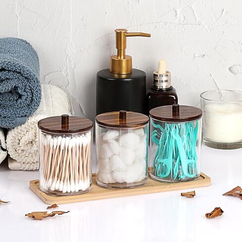 BTSKY 3 Pack PaperClip Holders with Bamboo Lids & Tray, Round Binder Holder for Desk, Clear Paper Clip Dispenser Small Office Supply Accessory Organizer Qtip Holder for Office Bathroom Vanity, Wood in Saudi Arabia