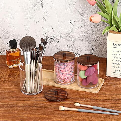 BTSKY 3 Pack PaperClip Holders with Bamboo Lids & Tray, Round Binder Holder for Desk, Clear Paper Clip Dispenser Small Office Supply Accessory Organizer Qtip Holder for Office Bathroom Vanity, Wood in Saudi Arabia