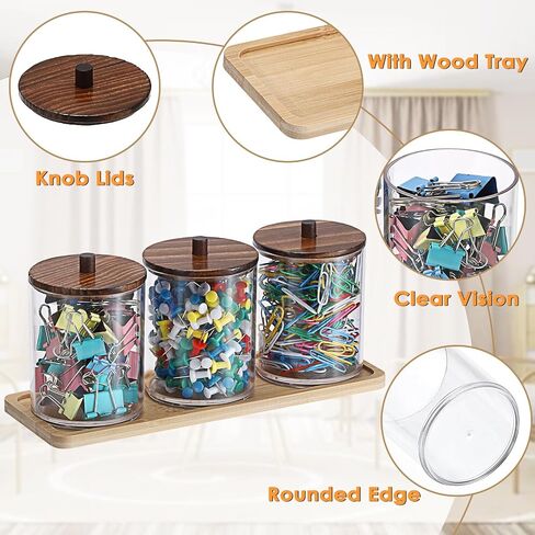 BTSKY 3 Pack PaperClip Holders with Bamboo Lids & Tray, Round Binder Holder for Desk, Clear Paper Clip Dispenser Small Office Supply Accessory Organizer Qtip Holder for Office Bathroom Vanity, Wood in Saudi Arabia