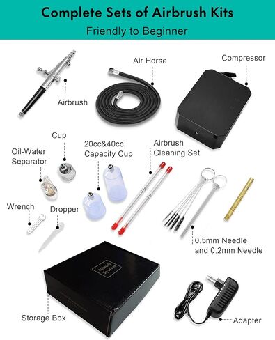 Gocheer Airbrush Kit with Air Compressor, 25 PSI High Pressure Air Brush Non-Clogging with 0.2/0.3/0.5mm Nozzle/Cleaning Sets, Ideal for Painting, Modeling, Cake Decor, Pastry, Makeup, Nail Art etc. in Kuwait