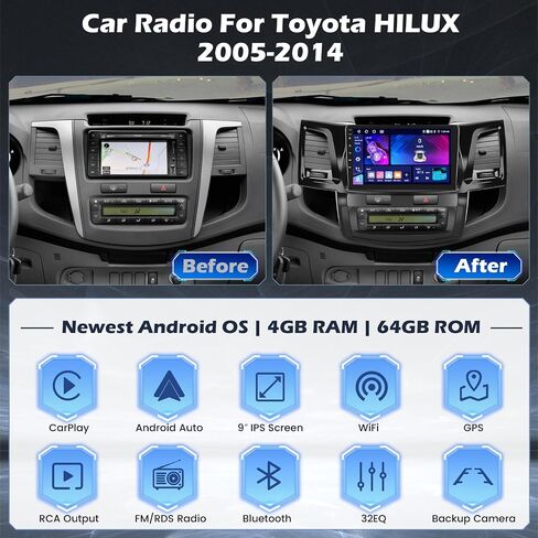 8 Core 4+64GB Wireless Carplay Stereo for 2005-2014 Toyota Fortuner Hilux Android Radio, Hikity 9'' Touch Screen Hilux Car Stereo, Android Auto, 32EQ DSP, WiFi, GPS Navi, SWC, Mic, Backup Cam, Black in Saudi Arabia