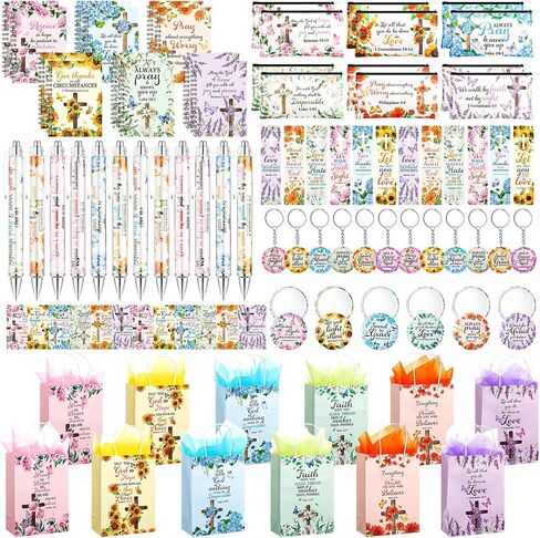 54pcs Christian Gifts Set Bulk Bible Notebook Notepads Motivational Scripture Ballpoint Pen Makeup Bags Bracelet Keychain Paper Bag Bookmark for Women Easter Mother's Day Church Supplies in Saudi Arabia