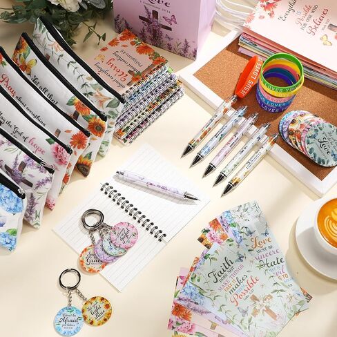 54pcs Christian Gifts Set Bulk Bible Notebook Notepads Motivational Scripture Ballpoint Pen Makeup Bags Bracelet Keychain Paper Bag Bookmark for Women Easter Mother's Day Church Supplies in Saudi Arabia