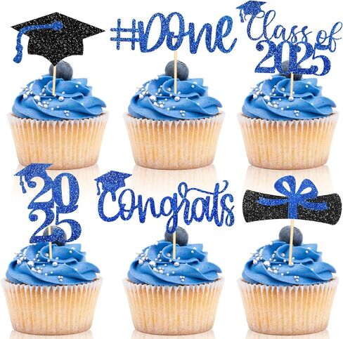 Memovan 2025 Graduation Cupcake Toppers 48pcsglitter Class of 2025 Cupcake Topper 2025 Congrats Cap Diploma Cupcake تختار خريج Cap Food Apetizer اختيارات لعام 2025 لمستلزمات حفل التخرج in Saudi Arabia