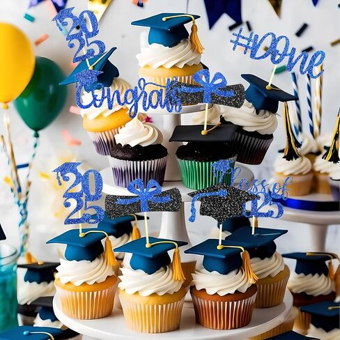 Memovan 2025 Graduation Cupcake Toppers 48pcsglitter Class of 2025 Cupcake Topper 2025 Congrats Cap Diploma Cupcake تختار خريج Cap Food Apetizer اختيارات لعام 2025 لمستلزمات حفل التخرج in Saudi Arabia