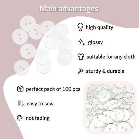 3/4" Clear Sewing Buttons 2 Hole Pack of 100 Transparent Buttons for Sewing 30L Crafts Replacement 0.75 inch (19mm) Glossy Round Bulk Large Plastic Ideal for Dress Pants Shirt Skirt Blouse in Saudi Arabia