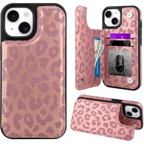 OOK for iPhone 15 Pro Case Wallet مع حامل البطاقة ، نمط الفهد الوردي اللطيف للنساء للنساء RFID حظر 3 فتحات بطاقة Kickstand Folio Leather Prochproof Phone in Kuwait