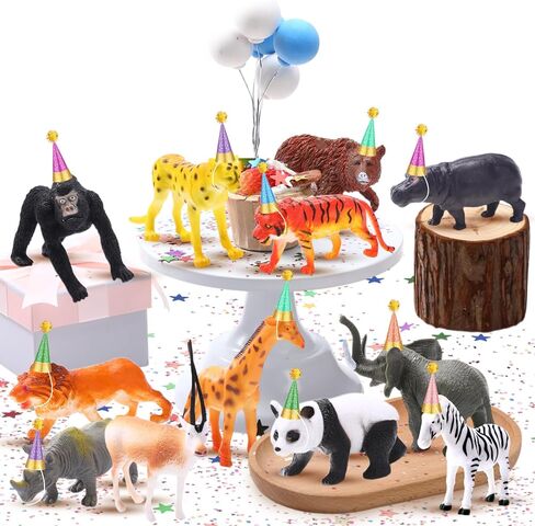 44 PC Safari Animal Cake Toppers Party Cake Animal Topper Jungle Cake Decorations Animal Birthday Cake Toppers Include 12 Animals Figures 16 Party Hats with 16 Pom Poms (Dinosaur, Colours) in Saudi Arabia
